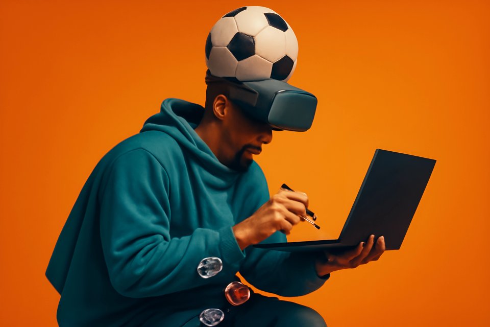 Mann mit VR-Headset und Fußball