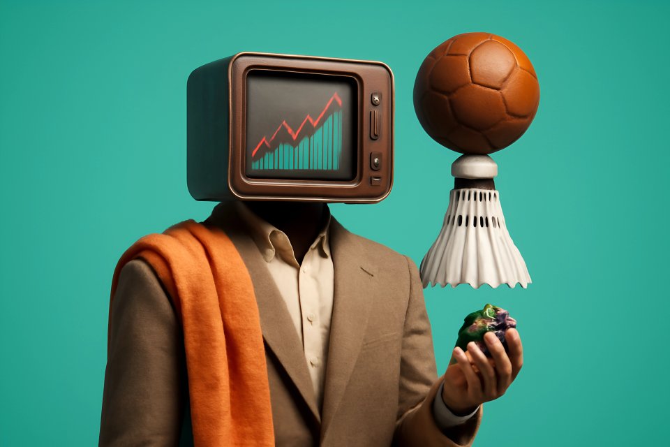 Persoon met een tv-hoofd en sportuitrusting