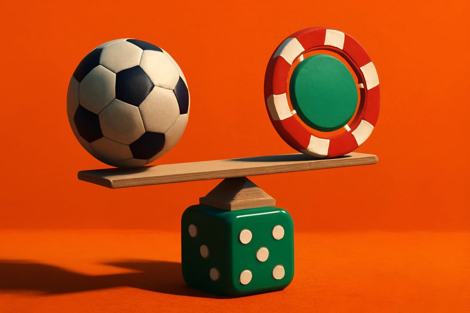 Voetbalbal en pokerschip in balans
