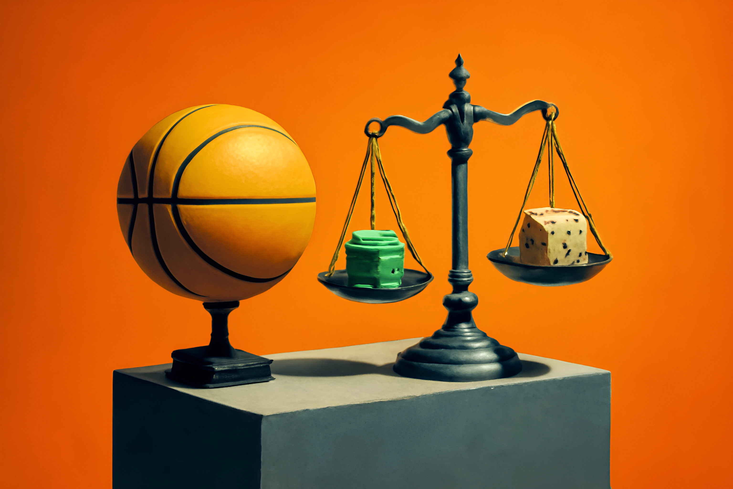 Basketbal en snacks op een weegschaal