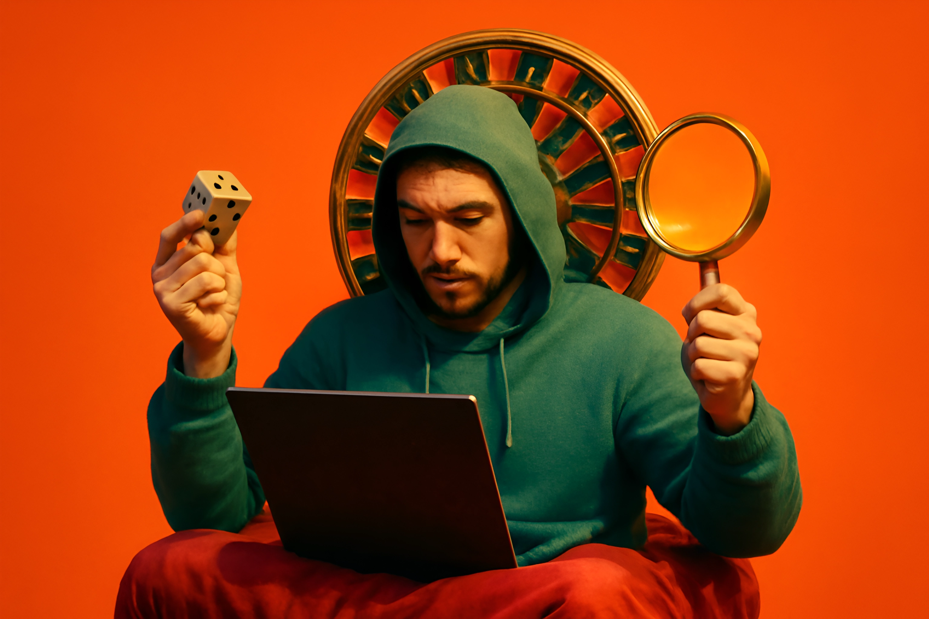 Man met laptop en dobbelstenen