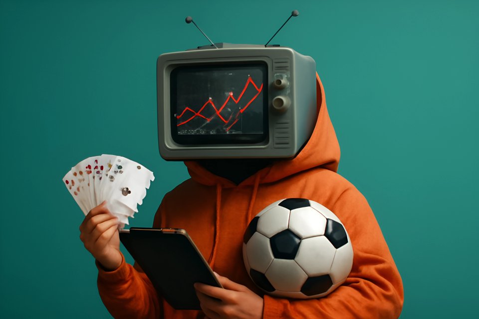 Persoon met tv-hoofd en een voetbal