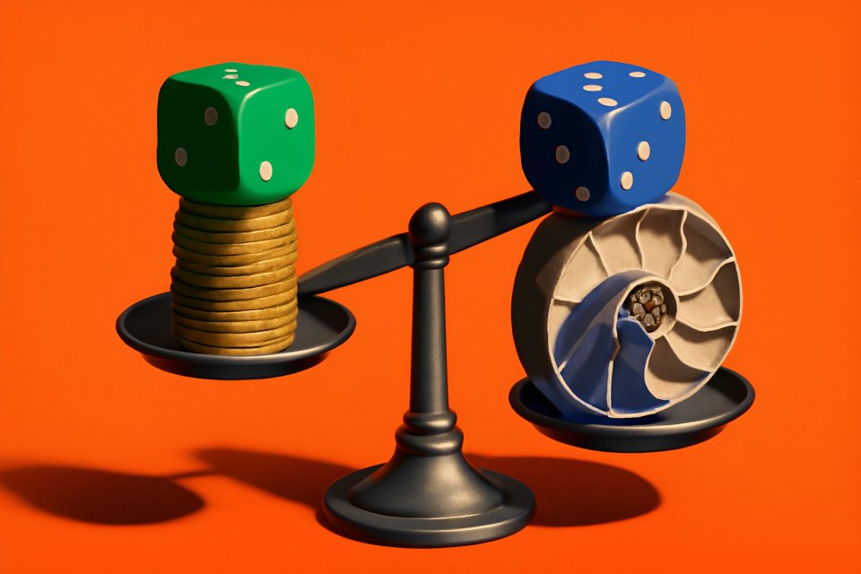 Dice and coins on a scale