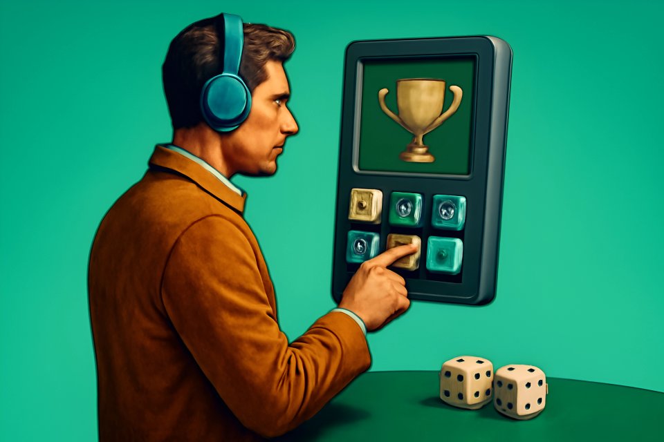 Man playing virtual game with trophy