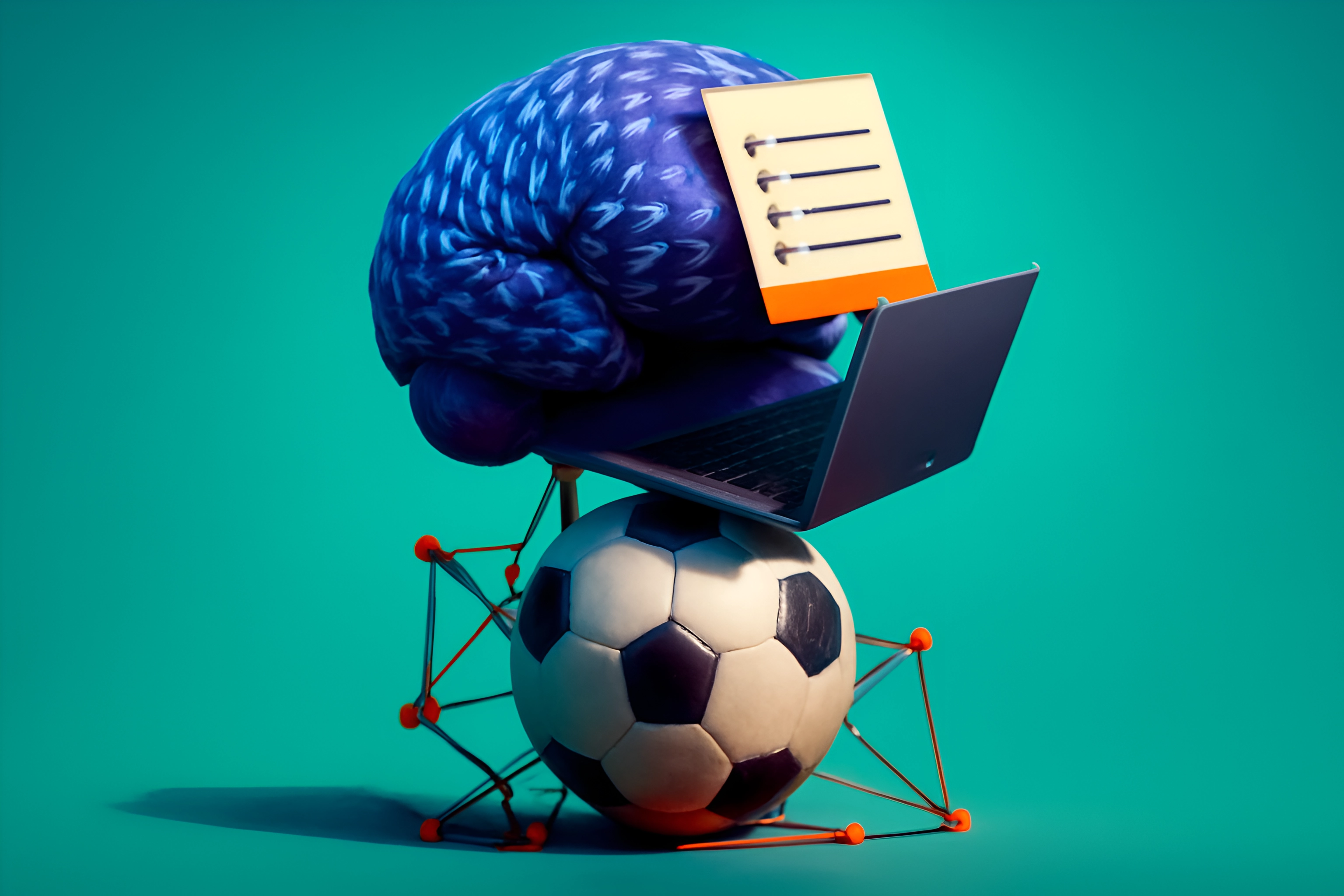 Brain using laptop on soccer ball