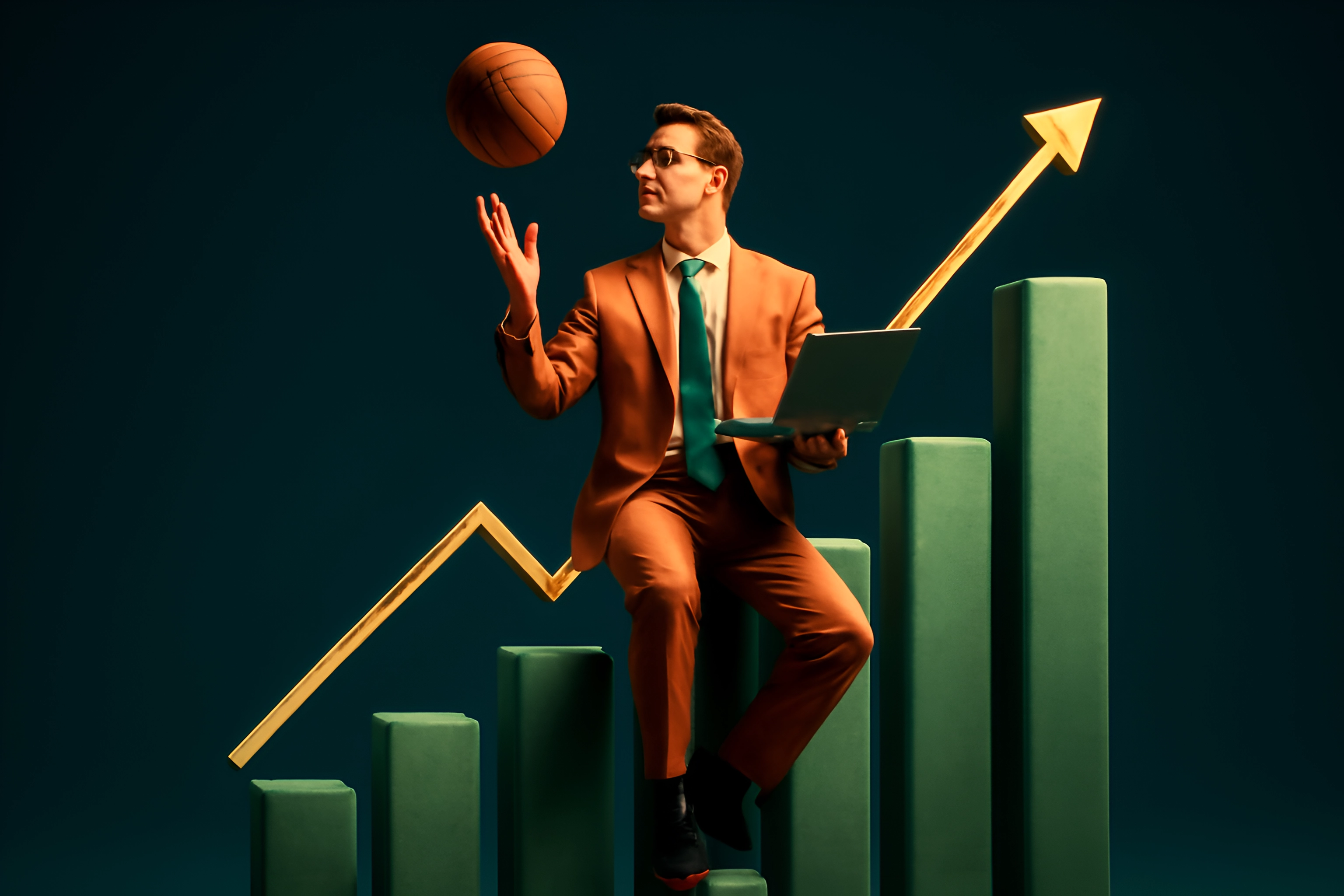 Businessman with basketball and growth chart.
