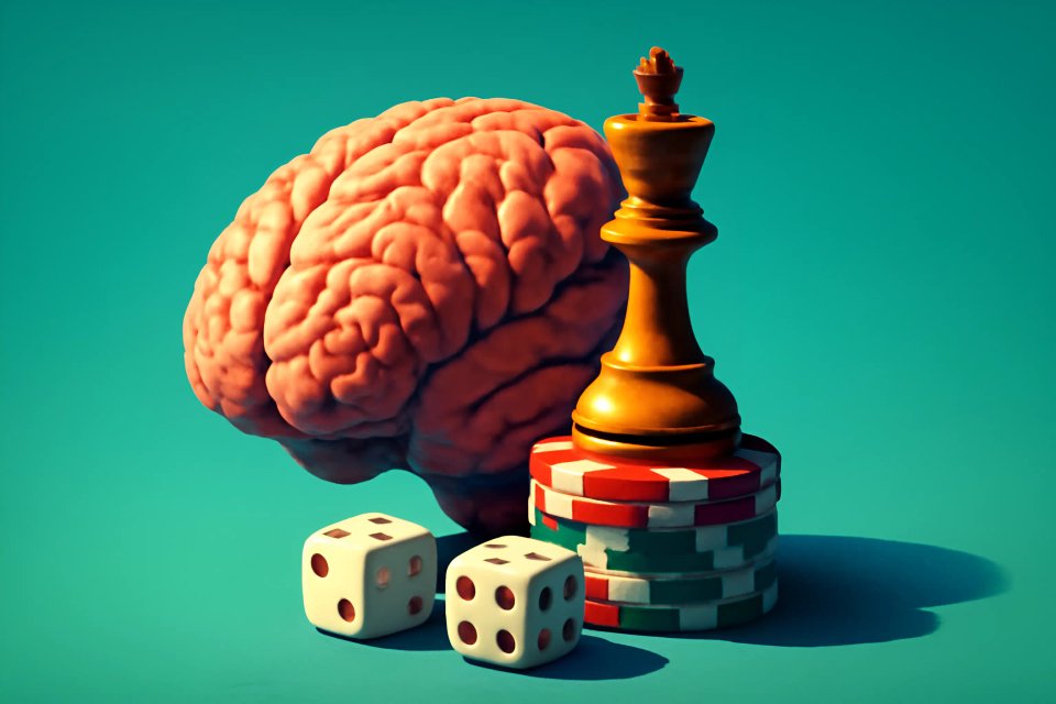 Una composición creativa que presenta un cerebro, una pieza de rey de ajedrez y dados sobre fichas de póker, simbolizando la conexión entre estrategia, inteligencia y suerte en los juegos.