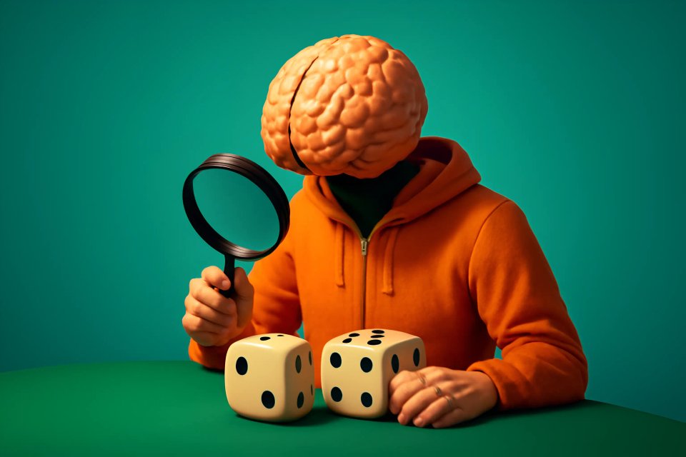 Una persona con un cerebro como cabeza examina dos dados con una lupa, vistiendo una sudadera naranja contra un fondo verde azulado.