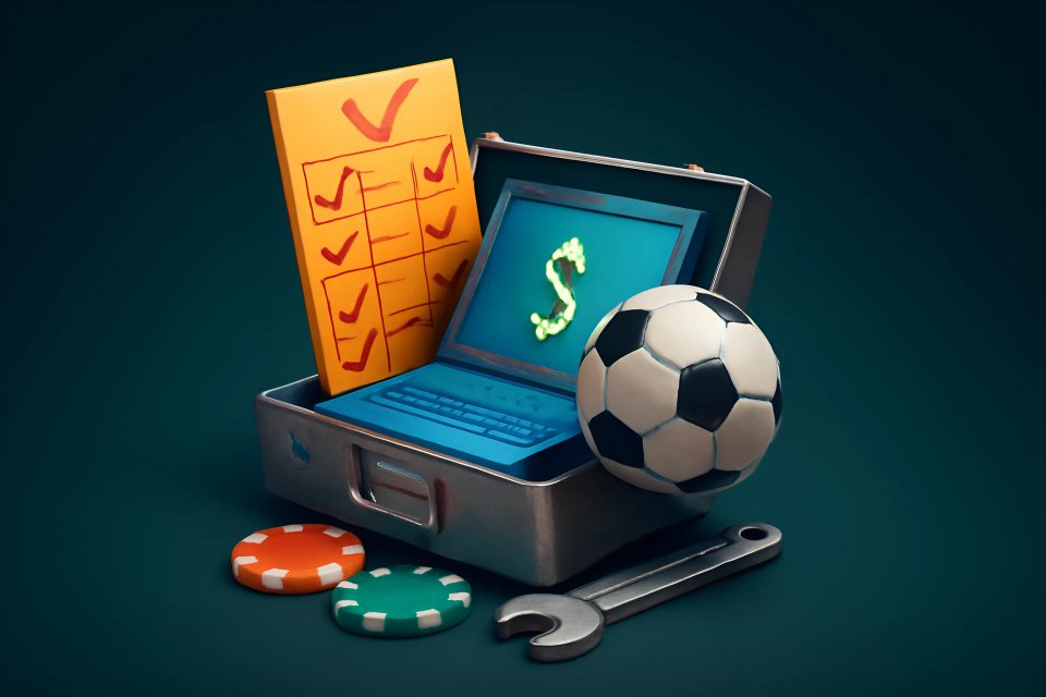 Una disposición creativa de una computadora portátil, lista de verificación, balón de fútbol, fichas de póker y una llave inglesa, simbolizando la intersección de negocios, deportes y juegos.