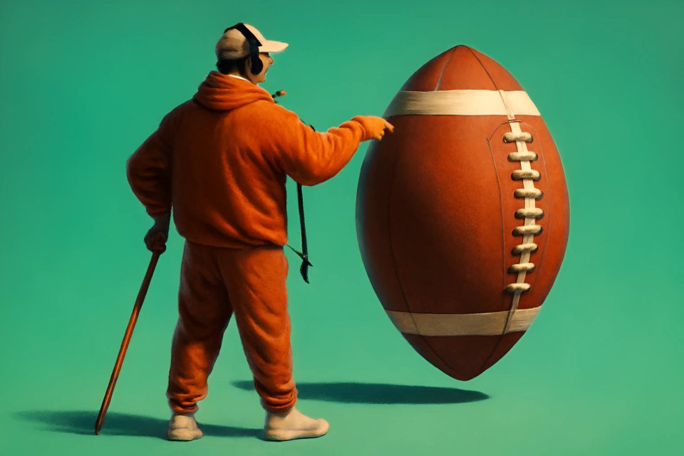 Un entrenador de fútbol en un chándal naranja se encuentra con un silbato y un bastón, señalando un gran balón de fútbol contra un fondo verde azulado.
