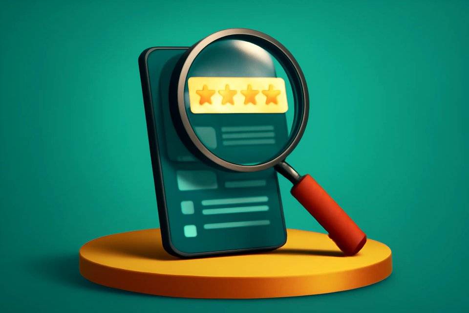 Un smartphone que muestra una reseña de cinco estrellas, ampliada por una lupa, colocada sobre un fondo verde azulado.