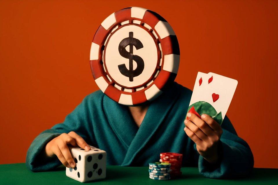 Una persona que lleva una ficha de póker con un gran signo de dólar como cabeza, sosteniendo cartas de juego y dados, rodeada de fichas de póker en una mesa verde contra un fondo naranja.